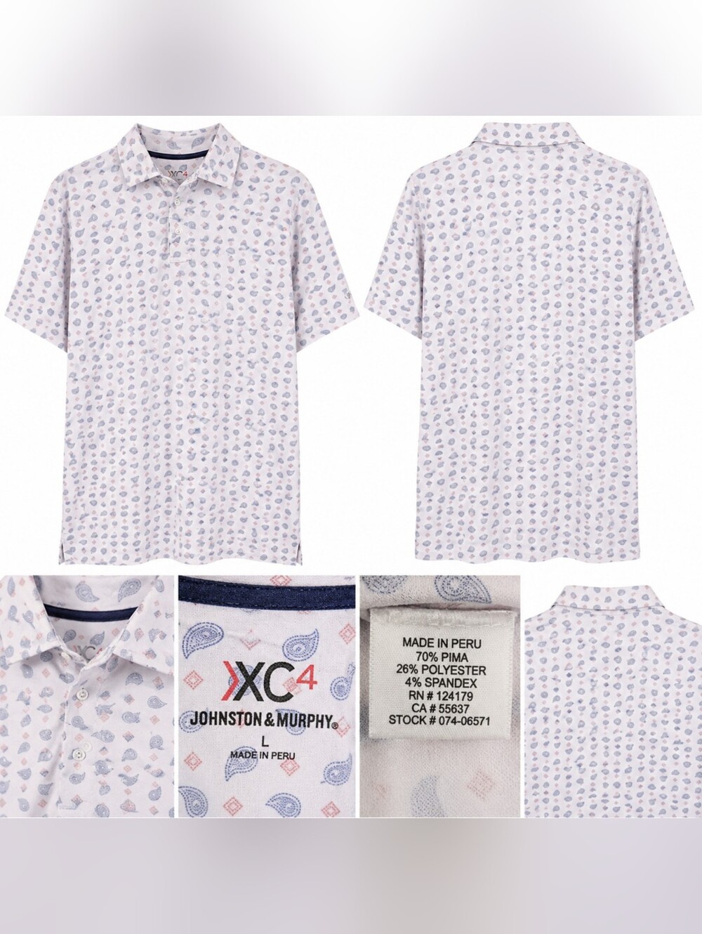 Johnston & Murphy XC4 Polo Shirt Men's Large Pima Cotton Paisley Golf Stretch.